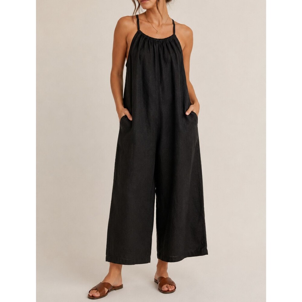 Amazhiyu 100% Linen Black Wide Leg Jumpsuit Medium Lagenlook Minimalist Coastal